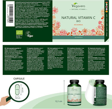 Natural Vitamin C VegaveroÃƒâ€šÃ‚Â® | 100% Organic | from Acerola Cherries | 180 Capsules | 225% NRV per Daily Dosage | NO ADDITIVES | Vegan