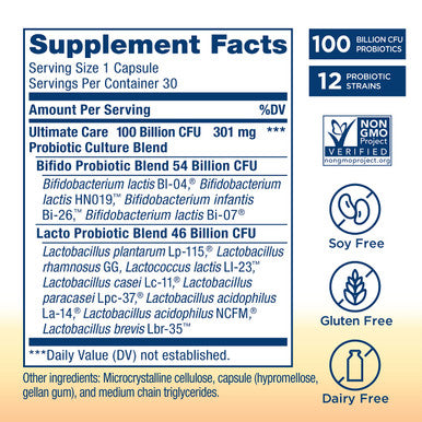 ReLife Adult Probiotic Ultimate Flora Ultimate Care Probiotic Supplement Gluten Dairy Soy 100 Billion CFU 30 Vegetarian Capsules
