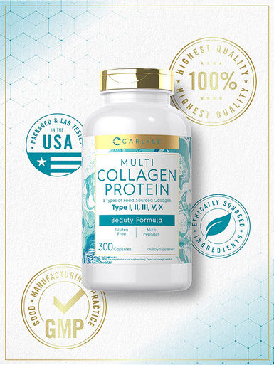 Carlyle Multi Collagen Protein 2000mg | 300 Capsules | Type I, II, III, V, X | Collagen Peptide Pills | Keto & Paleo Friendly, Gluten Free Supplement