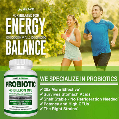 Probiotic 40 Billion CFU Shelf Stable with Prebiotics and Acidophilus Stable Potency Until Expiration Time Delay Release Probiotics Arazo Nutrition