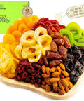 NUT CRAVINGS - Purim Mishloach Manot Dried Fruit & Mixed Nuts Gift Basket in Reusable Wooden Tray + Ribbon (12 Assortments) Ramadan Gifts Food Arrangement, Healthy Snack Care Package, Kosher