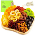 NUT CRAVINGS - Purim Mishloach Manot Dried Fruit & Mixed Nuts Gift Basket in Reusable Wooden Tray + Ribbon (12 Assortments) Ramadan Gifts Food Arrangement, Healthy Snack Care Package, Kosher
