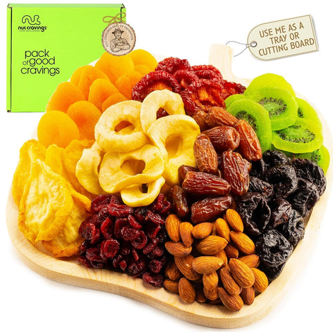 NUT CRAVINGS - Purim Mishloach Manot Dried Fruit & Mixed Nuts Gift Basket in Reusable Wooden Tray + Ribbon (12 Assortments) Ramadan Gifts Food Arrangement, Healthy Snack Care Package, Kosher