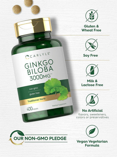 Carlyle Ginkgo Biloba 3000mg | 400 Tablets | Non-GMO Gluten Herbal Supplement