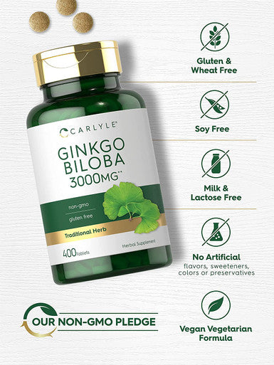 Carlyle Ginkgo Biloba 3000mg | 400 Tablets | Vegetarian Supplement | Non-GMO, Gluten Free