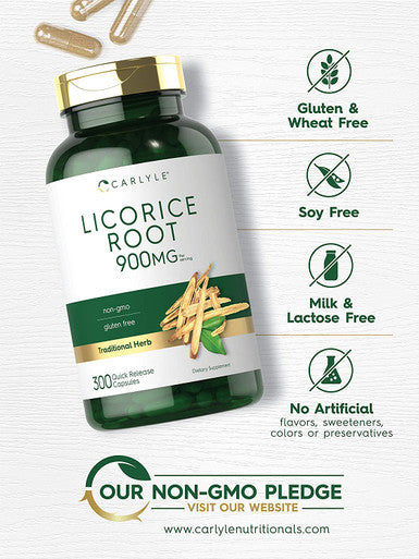 Carlyle Licorice Root Capsules 900mg | 300 Count | Root Extract Supplement | Non-GMO, Gluten Free