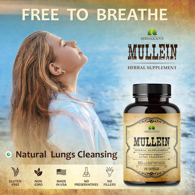 Herbalicious Mullein Leaf Capsules - Verbascum Thapsus Supplement - Herbal Extract Promoting Lung Respiratory & Digestive Wellness - Lung Cleanse & Detox Support Pills - Vegan Non-GMO 100 Tablets