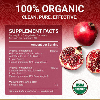 Pomegranate Extract Supplement Ellagic Acid High Punicalagins USDA Organic Pomegranate Supplement Blend of Pomegranate Fruit Seeds and Peel Extract 60 Vegan Pomegranate Capsules