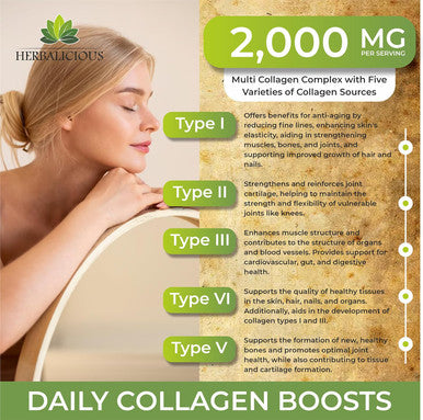 Herbalicious Multi Collagen Peptides Capsules - Non-GMO & Gluten Type I II III V X Hydrolyzed Collagen Supplements with Vitamin C - Supports Healthy Hair Skin Nails & Joints - 120 Capsules