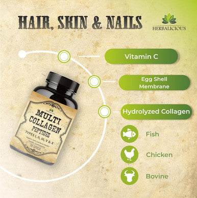Herbalicious Multi Collagen Peptides Capsules - Non-GMO & Gluten Type I II III V X Hydrolyzed Collagen Supplements with Vitamin C - Supports Healthy Hair Skin Nails & Joints - 120 Capsules
