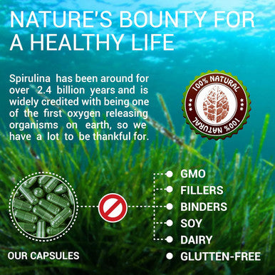 Herbalicious Spirulina Capsules - Natural Daily Superfood Supplement-Blue Green Algae Extract with B Vitamins Iron Amino Acid&Antioxidants to Support Immune System Function Total Body Cleanse 100 Capsules