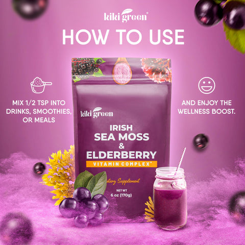 KIKI Green Sea Moss Powder with Elderberry Vegan Superfood Multivitamin Blend for Immune Boost and Support Add to Smoothies Juice 6 oz