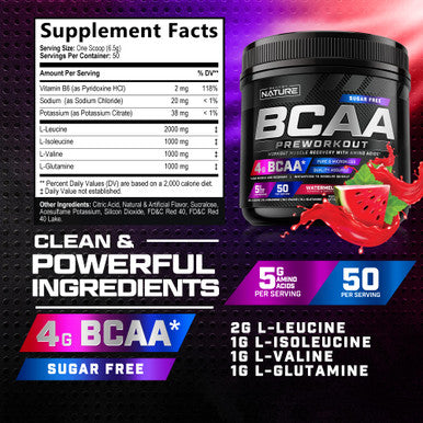 Built Nature Bcaa Powder - Post Workout Muscle Recovery & Hydration Supplement With Essential Amino Acids - Keto-Friendly, Sugar-Free - Watermelon Flavor - 4G Bcaas Plus 1G Glutamine Per Serving, 50 Servings