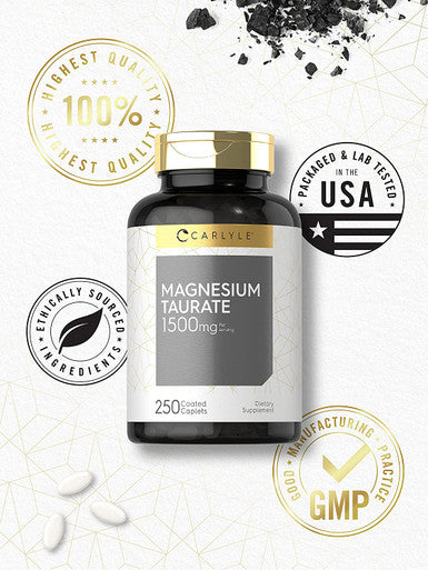Magnesium Taurate 1500mg 250 Caplets Vegetarian Non GMO Gluten Free Supplement by Carlyle