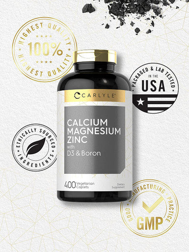Calcium Magnesium Zinc | 400 Caplets | with Vitamin D3 and Boron | Vegetarian, Non-GMO Supplement | by Carlyle