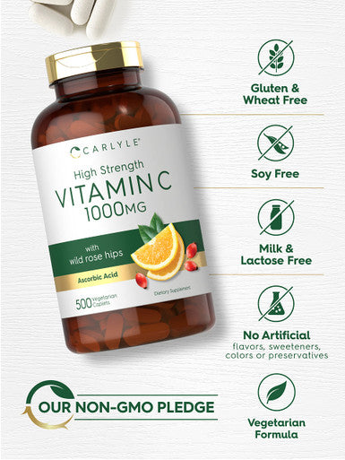 Carlyle Vitamin C 1000Mg | 500 Vegetarian Caplets | Ascorbic Acid With Wild Rose Hips | High Strength Formula | Non-Gmo And Glute