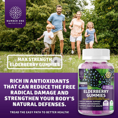 N1N Premium Elderberry Gummies for Kids Adults Max Strength with Vitamin C Zinc All Natural Antioxidant Supplement to Support Immune Health and Increase Energy Levels 60 Gummies