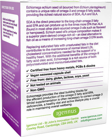 Echiomega Vegan Triple Omega 3 6 9 500 Mg, Echium Seed Oil, Efa Supplement For Women With Gla, 60 Softgels