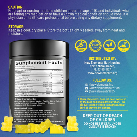 Elements Biotin Gummies With Collagen Vitamin D3 Saw Palmetto & Hyaluronic Acid For Hair Skin And Nails Hair Growth Supplement For Men & Women Non-Gmo Gluten- Natural Pineapple Flavor