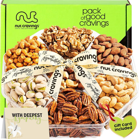 NUT CRAVINGS - Purim Mishloach Manot Mixed Nuts Gift Basket + Green Ribbon (7 Assortments, 1 LB) Ramadan Gifts Treats for Adults, Food Arrangement, Healthy Snack Care Package, Kosher