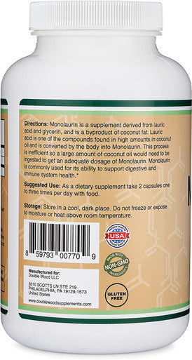 Monolaurin 1000mg per Serving 210 Capsules Vegan Safe NonGMO Gluten Manufactured in The USA Immune Health Support by Double Wood Supplements