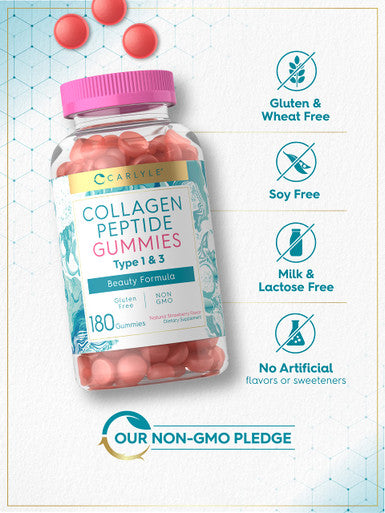 Carlyle Collagen Peptide Gummies 180 Count | Strawberry Flavor Beauty Supplement | Hydrolyzed Collagen For Women & Men | Type 1