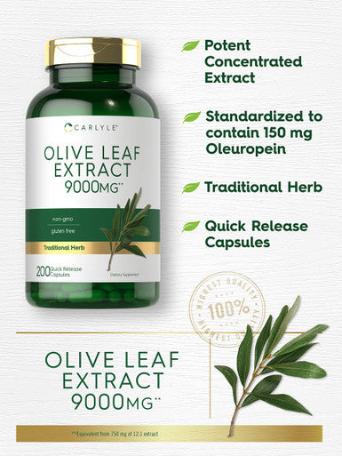 Carlyle Olive Leaf Extract Capsules | 9000Mg | 200 Count | Non-Gmo, Gluten Free | High Potency Supplement