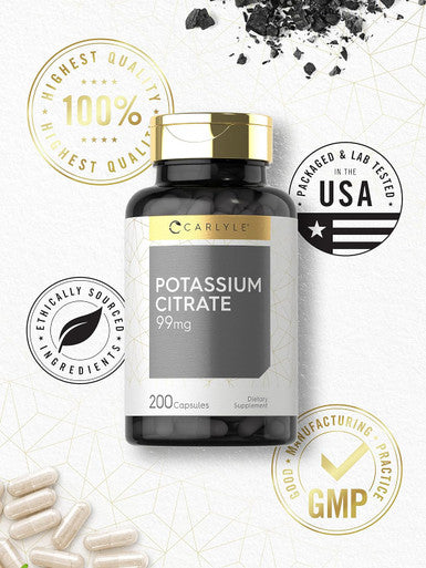 Carlyle Potassium Citrate Supplement | 99mg | 200 Capsules | Non-GMO and Gluten