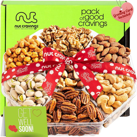NUT CRAVINGS - Purim Mishloach Manot Mixed Nuts Gift Basket + Green Ribbon (7 Assortments, 1 LB) Ramadan Gifts Treats for Adults, Food Arrangement, Healthy Snack Care Package, Kosher