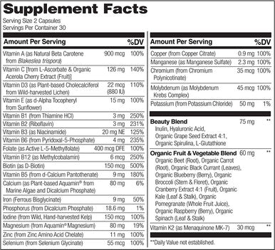 NATURELO Whole Food Multivitamin with Extra Hair, Skin and Nails Support Ãƒâ€šÃ¢â‚¬â€œ Beauty Blend with Hyaluronic Acid & Grape Seed - High Potency Biotin , Vitamin C , and Glutathione - 60 Vegan Capsules