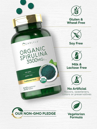 Carlyle Organic Spirulina Tablets 3500mg | 500 Count | Non-GMO & Gluten