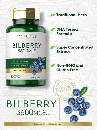 Carlyle Bilberry Extract Capsules | 3600Mg | 200 Count | Vegetarian, Non-Gmo, Gluten Free Fruit Supplement