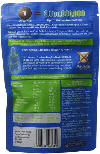 Bioglan Biotic Balance Dark Choc Balls, 3 Billion CFU Probiotic, live cultures wrapped in delicious dark chocolate, contains Lactobacillus Rosell, Bifodobacterium Rosell, & Inulin. 30 balls