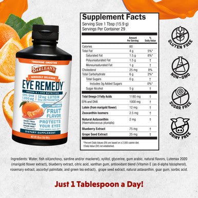 Barlean's Eye Remedy Supplement Tangerine Flavored Fish Oil Liquid with Lutein Astaxanthin and Zeaxanthin 1,000mg Omega 3 EPA DHA Eye Care Supplements 16 oz