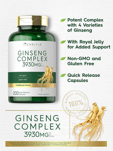 Carlyle Ginseng Complex Capsules | 200 Count | Non-GMO and Gluten Extract | Traditional Herbal Root Supplement