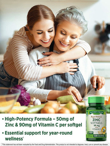 Zinc with Vitamin C | 50mg | 120 Softgels | Non-GMO & Gluten Supplement | by Natures Truth