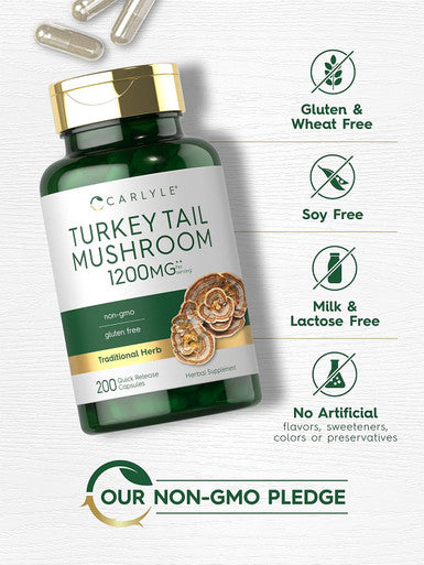 Carlyle Turkey Tail Mushroom Capsules | 1200mg | 200 Count | Non-GMO & Gluten Extract