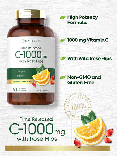 Carlyle Vitamin C 1000mg with Rose Hips | 400 Caplets | Vegetarian | Non-GMO & Gluten Free Supplement