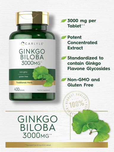 Carlyle Ginkgo Biloba 3000mg | 400 Tablets | Non-GMO Gluten Herbal Supplement