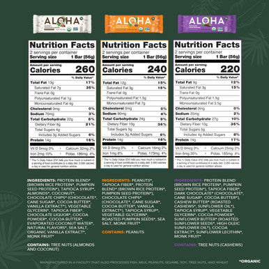 ALOHA Organic Plant Based Protein Bars - 6 Flavor Variety Pack - 12 Count 1.9oz Bars - Vegan Snacks Low Sugar Gluten-Free Low Carb Paleo Non-GMO Stevia-Free No Sugar Alcohol Sweeteners