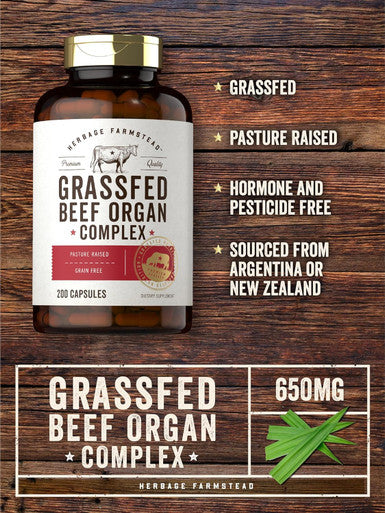 Carlyle Grass Fed Beef Organ Complex | 200 Capsules | Pasture Raised Grain Supplement | with Desiccated Liver Kidney Pancreas Heart Spleen | Non-GMO Gluten | by Herbage Farmstead