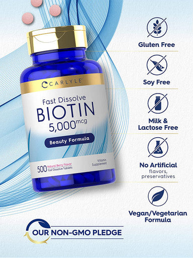 Carlyle Biotin 5000Mcg | 500 Fast Dissolve Tablets | Vegetarian, Non-Gmo, Gluten Free Supplement