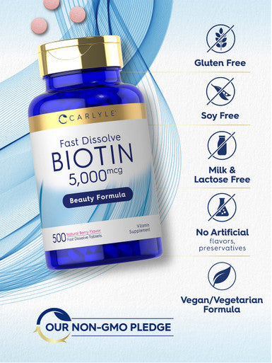 Carlyle Biotin 5000Mcg | 500 Fast Dissolve Tablets | Vegetarian, Non-Gmo, Gluten Free Supplement