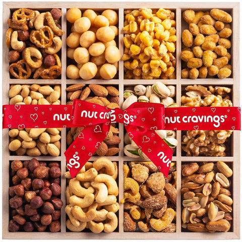 NUT CRAVINGS - Purim Mishloach Manot Mixed Nuts Gift Basket in Red Gold Box (7 Assortments, 1 LB) Ramadan Gifts Treats for Adults, Food Arrangement, Healthy Snack Care Package, Kosher