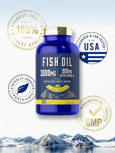 Carlyle Fish Oil 3000mg | 900mg Omega 3 | 200 Softgels | Lemon Flavor | Non-GMO and Gluten Supplement