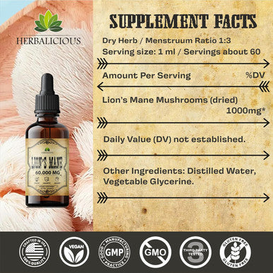 HERBALICIOUS Lion S Mane Liquid Mushroom Supplement Premium Mushroom Extract Brain Supplement For Memory Focus, Clarity And Nerve Support Non-Gluten And Non-Gmo Supplement Lions Mane 2 Fl Oz