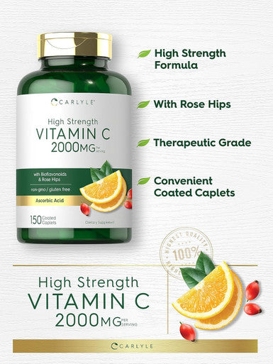 Carlyle Vitamin C 2000mg | with Rose HIPS | 150 Caplets | Vegetarian Non-GMO Gluten Supplement