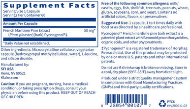 Klaire Labs Pycnogenol 50 mg - Hypoallergenic Antioxidant Supplement with French Maritime Pine Bark Extract - Gluten-, Soy- 50mg Pycnogenol Extract (60 Capsules)