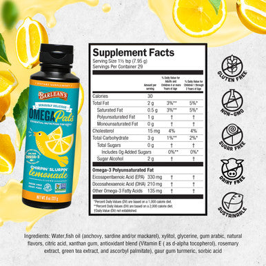 Barlean's Omega Pals Chirpin' Slurpin' Omega 3 For Kids Yummy Lemonade Flavored Children'S Liquid Fish Oil Supplement With 540 Mg Of Epa and Dha For Brain and Eye Health 8 Oz