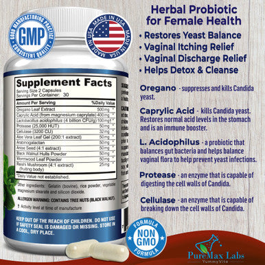 YUMMYVITE Balance Complex For Women - For Vaginal Health, Herbal Detox & Cleanse, Vaginal Probiotics, Supports Healthy Intestinal Flora, Helps With Yeast Infections 60 Capsules